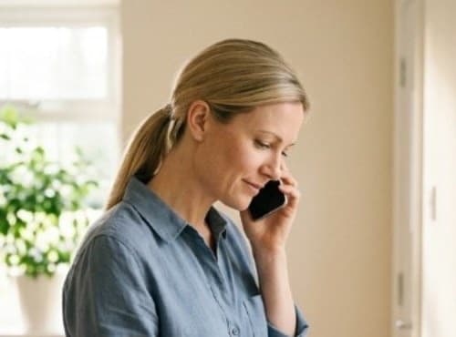 Eine Frau telefoniert ruhig am Fenster.
